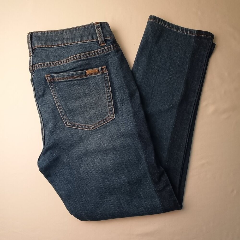 White House Black Market The Straight Two Tone Stripe Step Hem Jeans Size 6 Blue